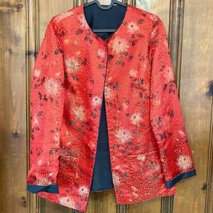 VTG Harris Wallace Silk Asian Brocade Jacket Red Floral/Black Reversible Medium